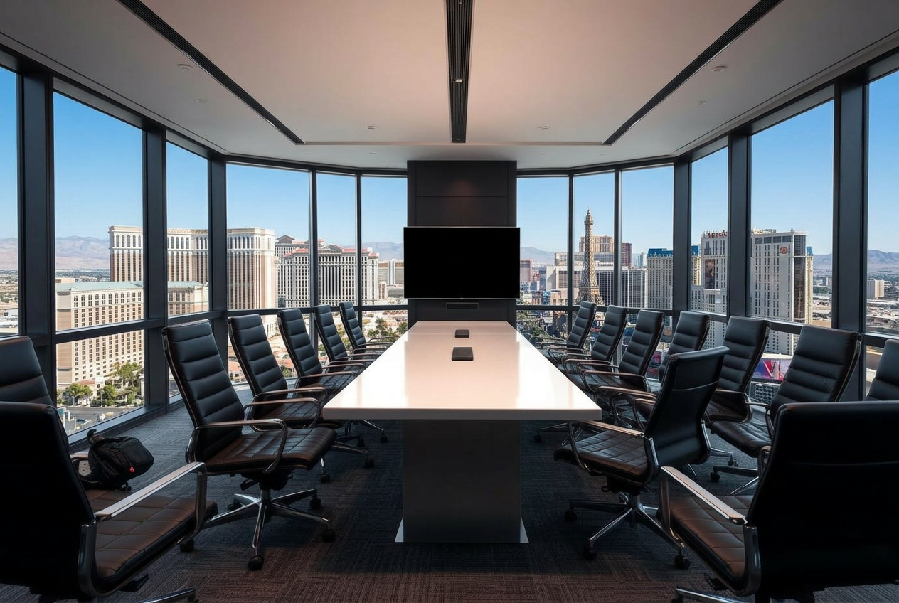 Executive conference room overlooking a city skyline, immaculately maintained