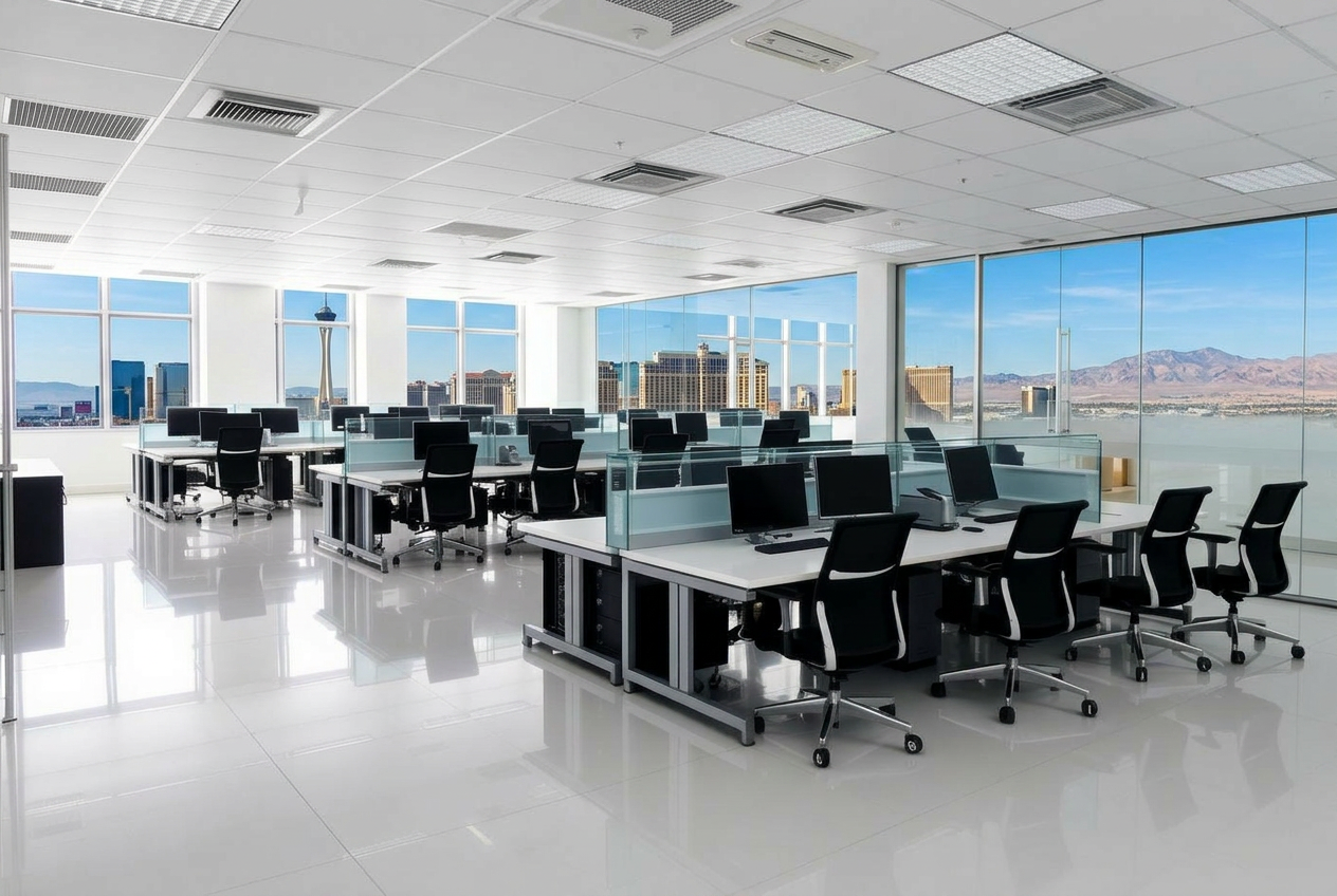 Spotless modern commercial office space with glass partitions