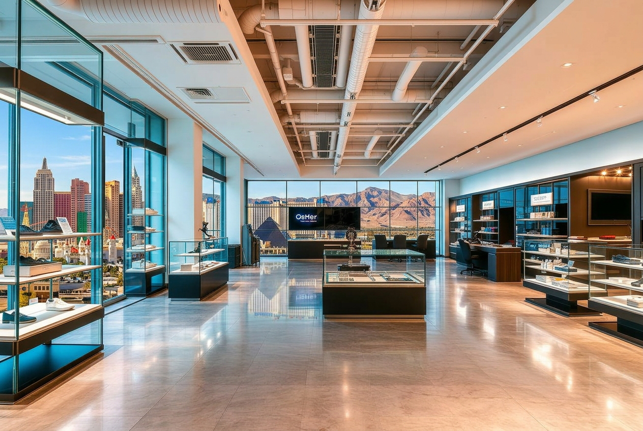 Upscale retail showroom with polished floors and pristine glass displays